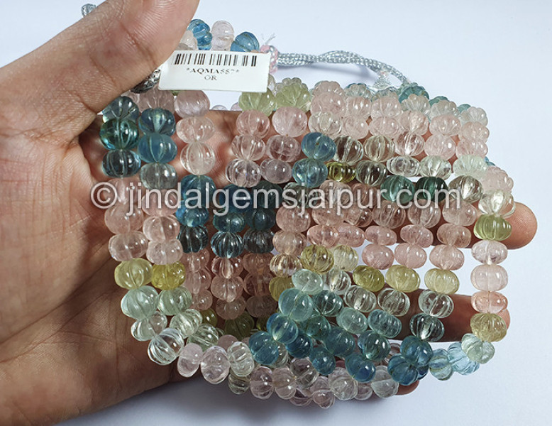 Multi Aquamarine Carved Pumpkin Shape Beads