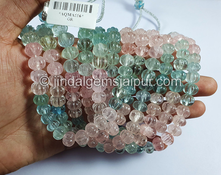 Multi Aquamarine Carved Pumpkin Shape Beads