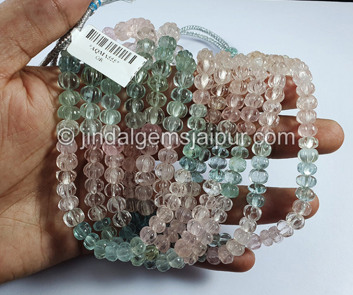 Multi Aquamarine Carved Pumpkin Shape Beads
