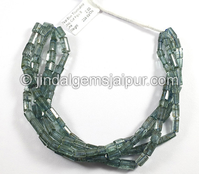 Teal Blue Tourmaline Step Cut Pipe Shape Beads
