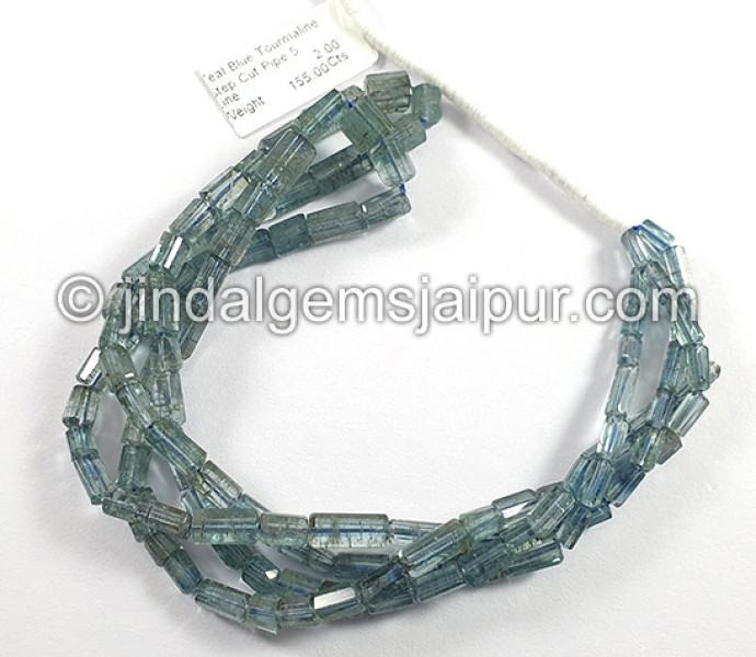 Teal Blue Tourmaline Step Cut Pipe Shape Beads