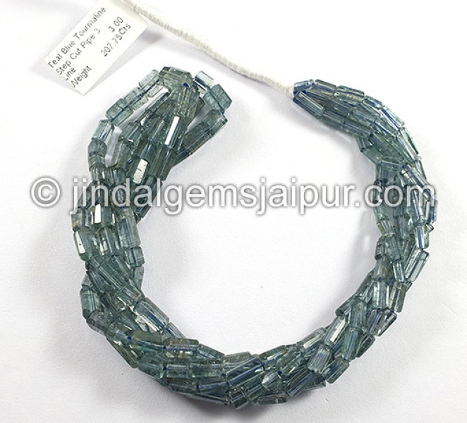 Teal Blue Tourmaline Step Cut Pipe Shape Beads
