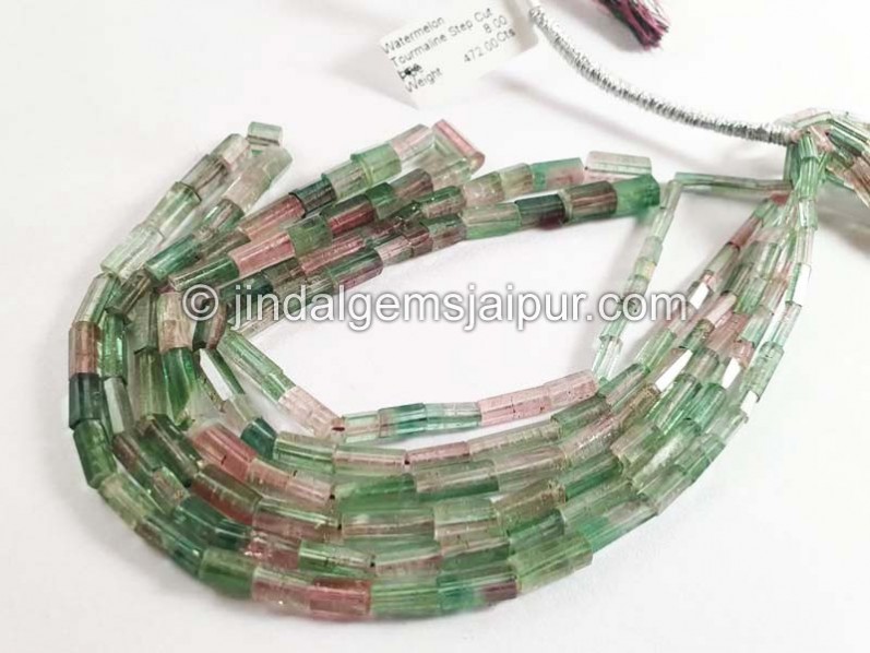Watermelon Tourmaline Step Cut Pipe Shape Beads