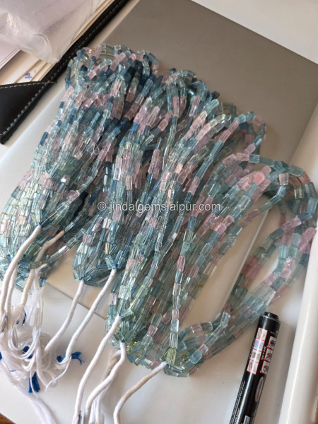 Multi Aquamarine Step Cut Pipe Shape Beads