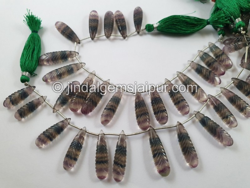 Tri Color Fluorite Carved Long Pear Beads