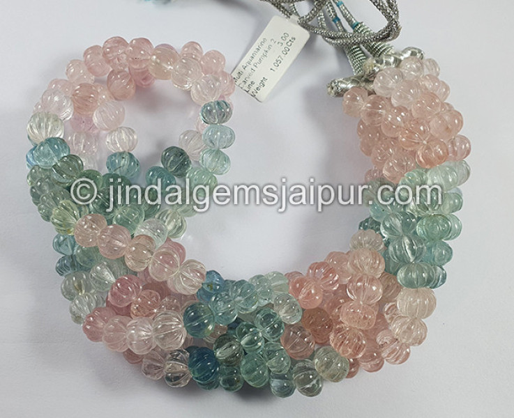 Multi Aquamarine Carved Pumpkin Shape Beads