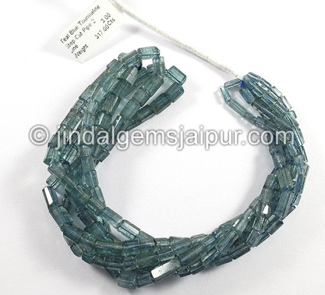 Teal Blue Tourmaline Step Cut Pipe Shape Beads