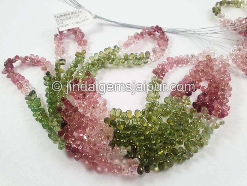 Multi Pink & Green Tourmaline Faceted Drops Beads