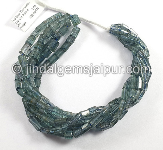 Teal Blue Tourmaline Step Cut Pipe Shape Beads