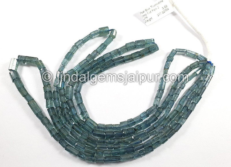 Teal Blue Tourmaline Step Cut Pipe Shape Beads