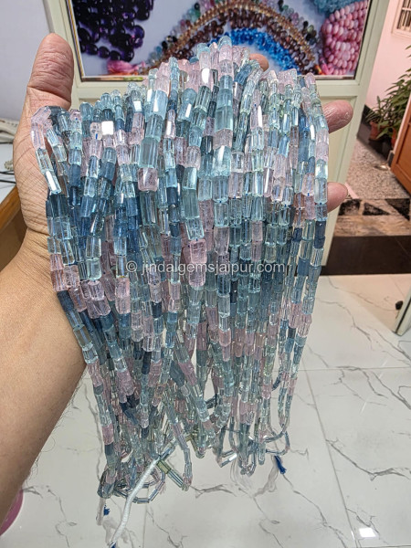 Multi Aquamarine Step Cut Pipe Shape Beads